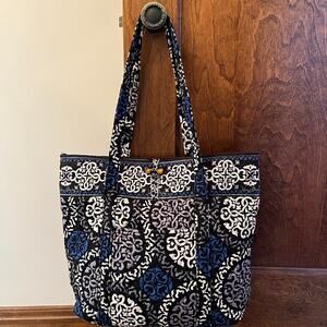 Vera Bradley Large Cobalt Medallion Shopper Tote Shoulder Bag Blue Black White